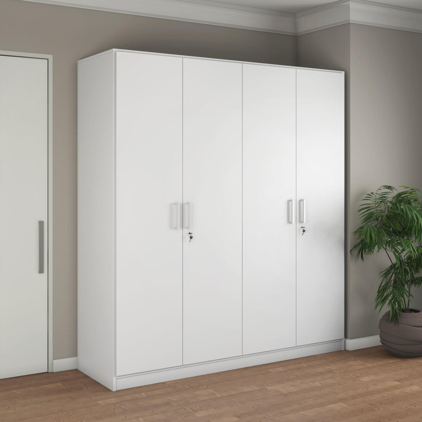 Max 4 Door Engineered Wood Wardrobe without Mirror (Frosty White)