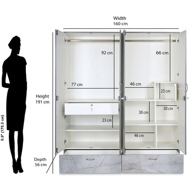 Nilkamal Marbito 4 Door Wardrobe With Mirror (White)