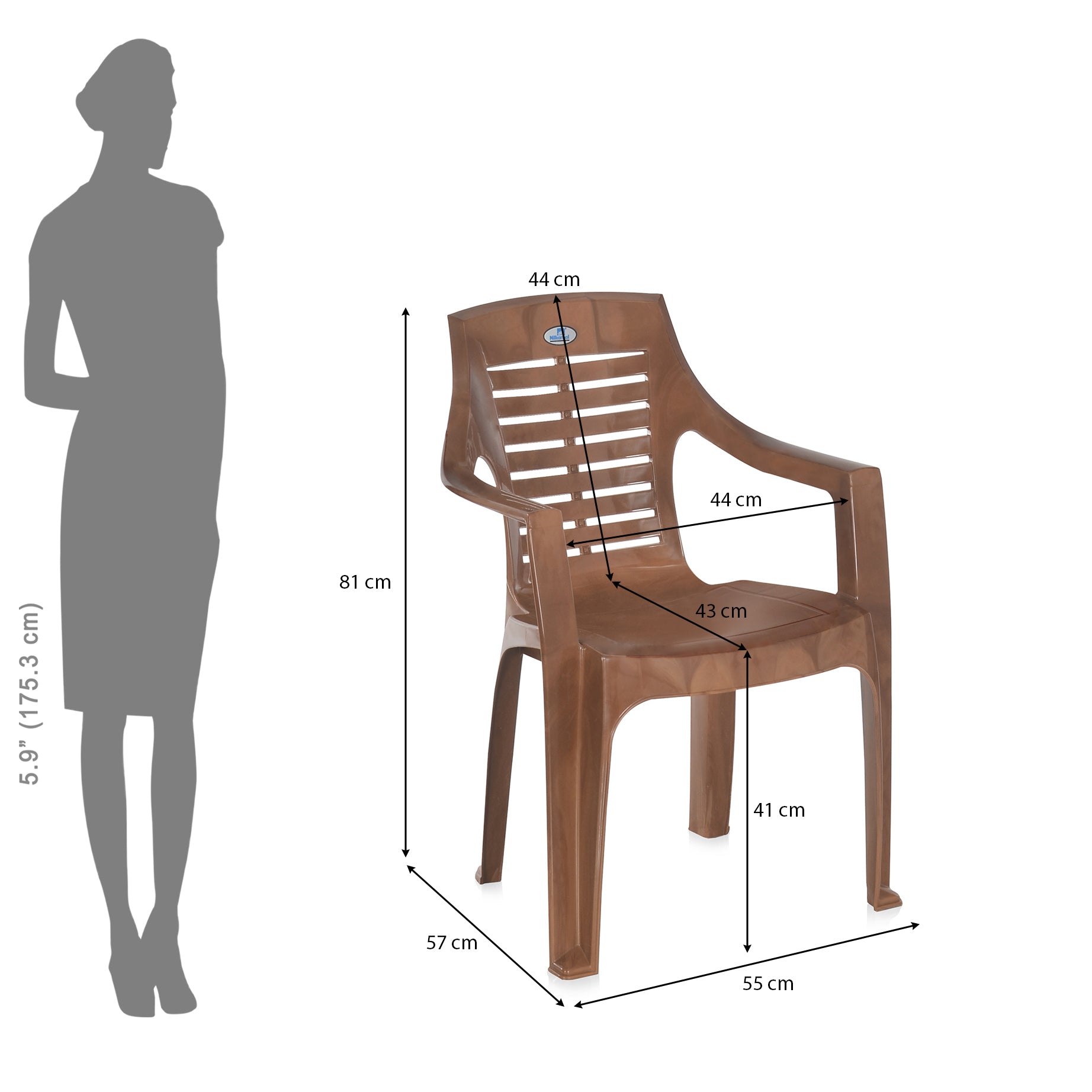 Nilkamal CHR6020 Plastic Arm Chair (Pear Wood) - Size In Centimeter