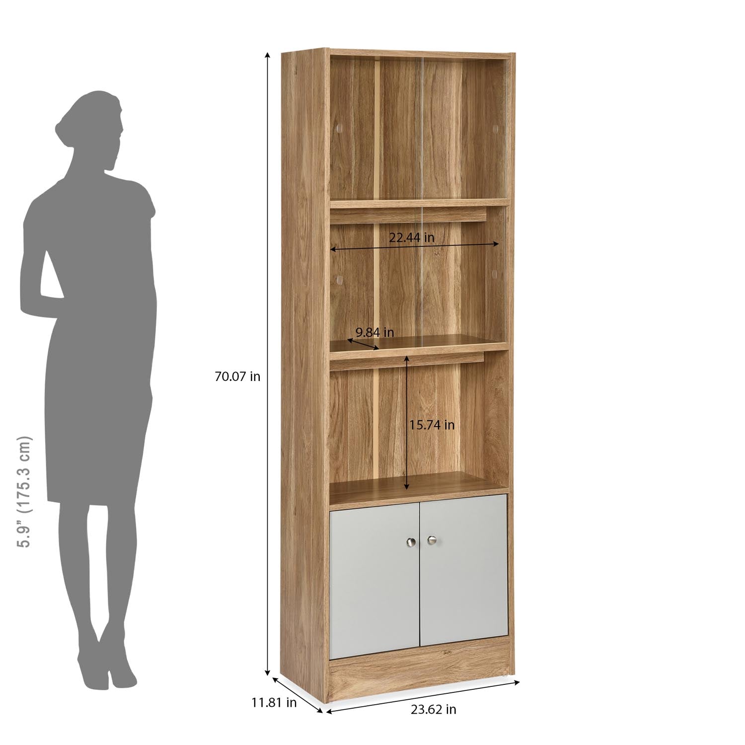Nilkamal Gwen Book Case with Glass Sliding Doors (Oak Grey)