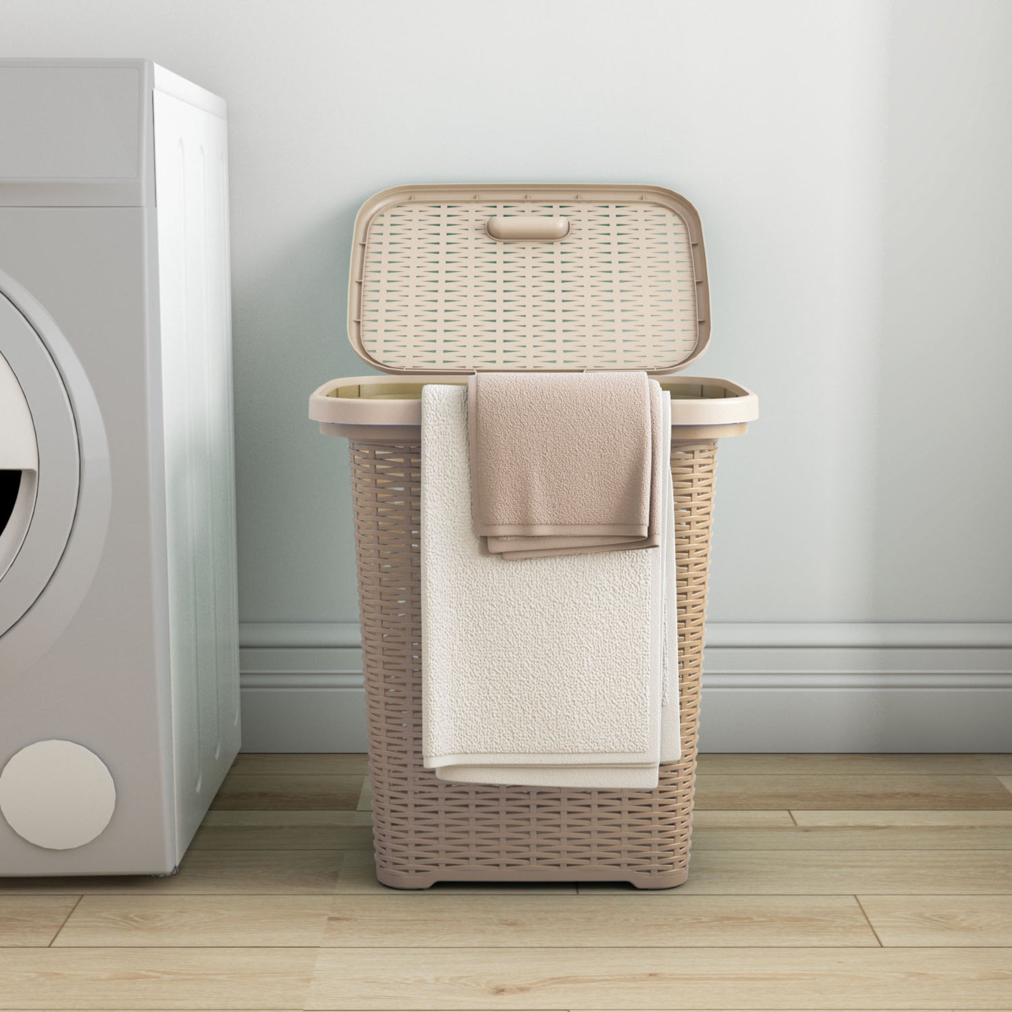 Nilkamal Elegance Laundry Basket 50 Litre with Lid (Sandy Brown & Marble Cream)