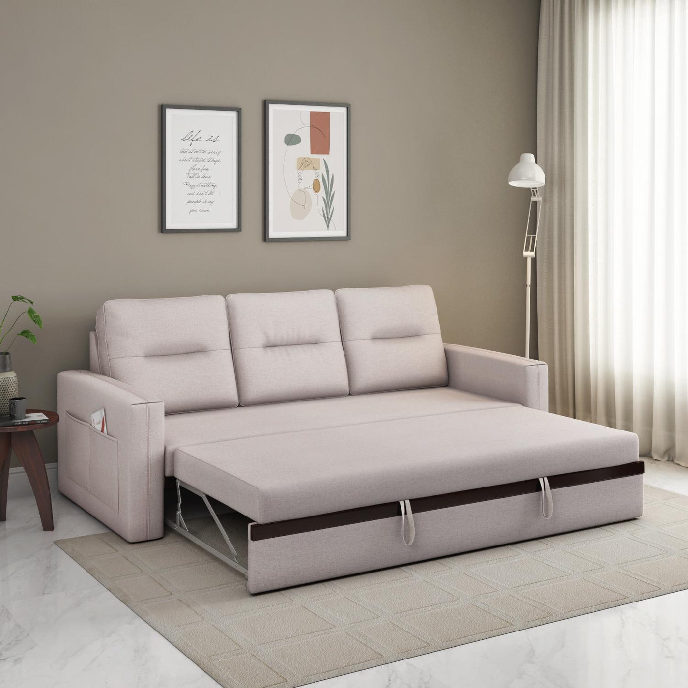 Nilkamal Boxton Fabric Sofa Cum Bed 3 Seater (Light Brown)