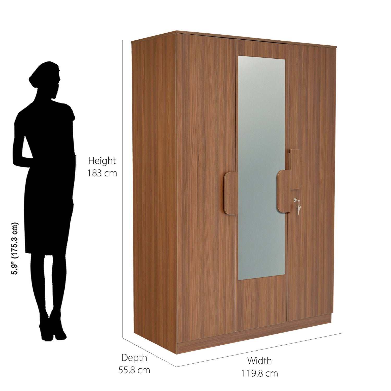 Nilkamal Calipso 3 Door Wardrobe With Mirror (Classic Plank Walnut)