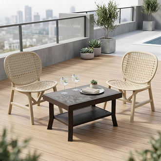 Nilkamal Arena Chairs and Glass Top Coffee Table Plastic Outdoor Set (Luxury Beige & Weather Brown)