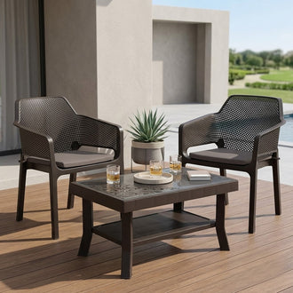Nilkamal Captain Chairs and Glass Top Coffee Table Plastic Outdoor Set (Season Rust Brown & Weather Brown)