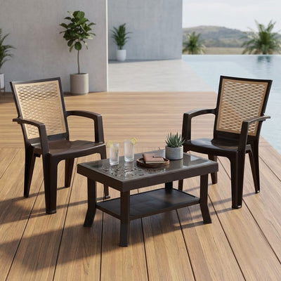 Nilkamal CHR2226 Chairs and Glass Top Coffee Table Plastic Outdoor Set (Season Rust Brown/Biscuit & Weather Brown)