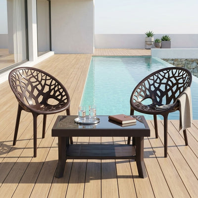 Nilkamal Crystal Chairs and Glass Top Coffee Table Plastic Outdoor Set (Weather Brown)