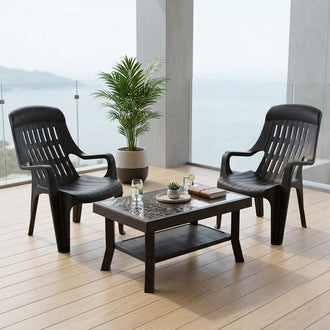 Nilkamal Weekender Chairs and Glass Top Coffee Table Plastic Outdoor Set (Weather Brown)