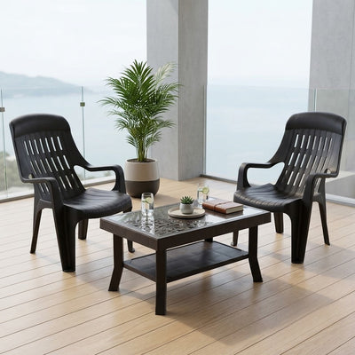 Nilkamal Weekender Chairs and Glass Top Coffee Table Plastic Outdoor Set (Weather Brown)