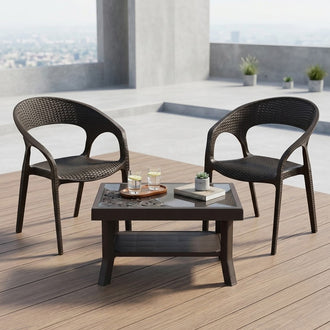 Nilkamal Club Chairs and Glass Top Coffee Table Plastic Outdoor Set (Charcoal Grey & Weather Brown)
