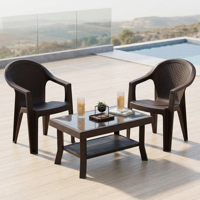Nilkamal Exotica Chairs and Glass Top Coffee Table Plastic Outdoor Set (Season Rust Brown & Weather Brown)