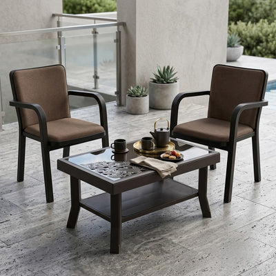 Nilkamal Luxe Chairs and Glass Top Coffee Table Plastic Outdoor Set (Season Rust Brown & Weather Brown)