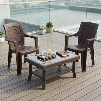 Nilkamal Mystique Chairs and Glass Top Coffee Table Plastic Outdoor Set (2 Seater, Season Rust Brown & Weather Brown)