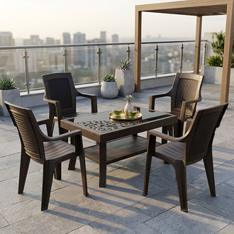 Nilkamal Mystique Chairs and Glass Top Coffee Table Plastic Outdoor Set (4 Seater, Season Rust Brown & Weather Brown)