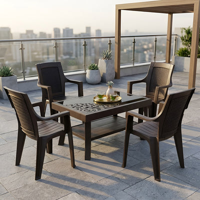 Nilkamal Mystique Chairs and Glass Top Coffee Table Plastic Outdoor Set (4 Seater, Season Rust Brown & Weather Brown)