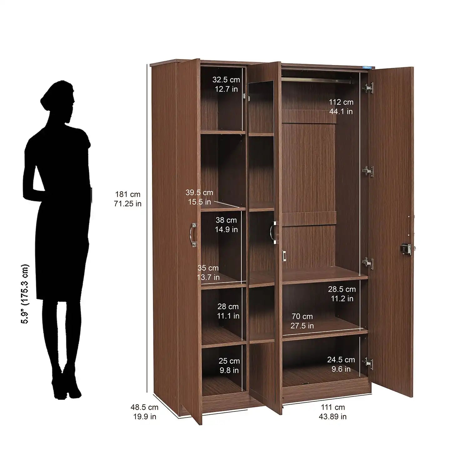 Nilkamal Massif 3 Door Wardrobe with Mirror (Legno Oak)