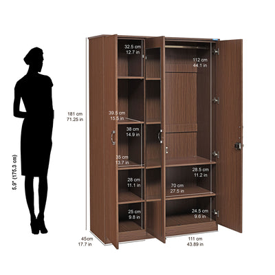 Nilkamal Massif 3 Door Wardrobe with Mirror (Legno Oak)