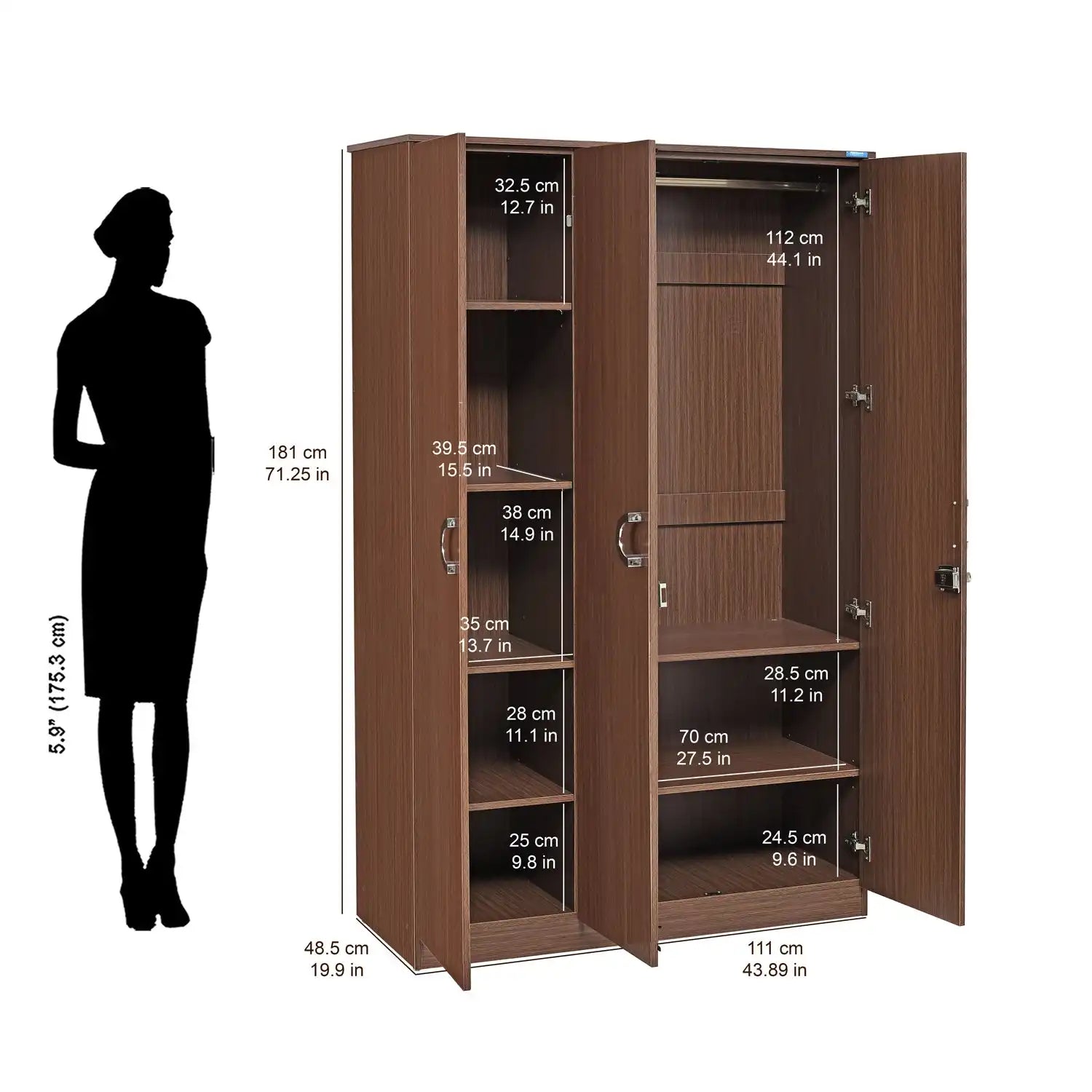 Nilkamal Massif 3 Door Wardrobe (Legno Oak) Dimensions