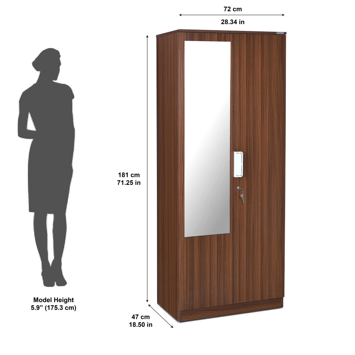 Nilkamal Joyce 2 Door Wardrobe With Mirror (Classic Walnut)