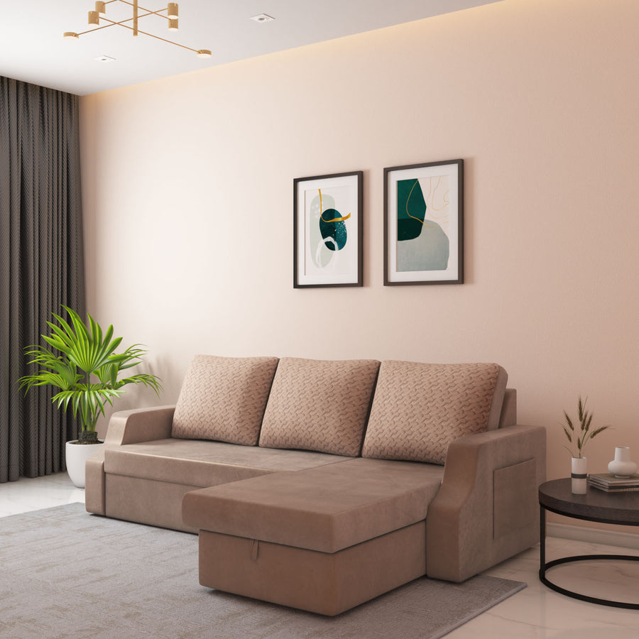 Nilkamal Portland Fabric Sofa Cum Bed with Left Lounger & Storage (Light Brown)