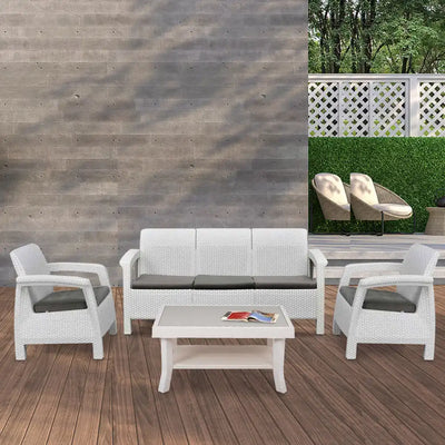 Nilkamal Goa Plastic 3 + 1 + 1 Seater Sofa with Cushion (Milky White and Grey) - Sofa Chair Set With Table
