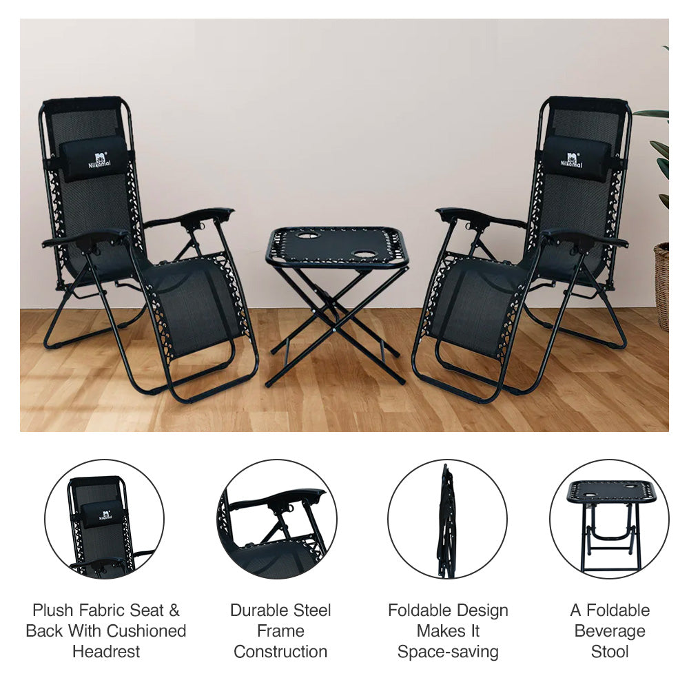 Nilkamal Lisle Foldable Easy Chairs + Table Set (Black)