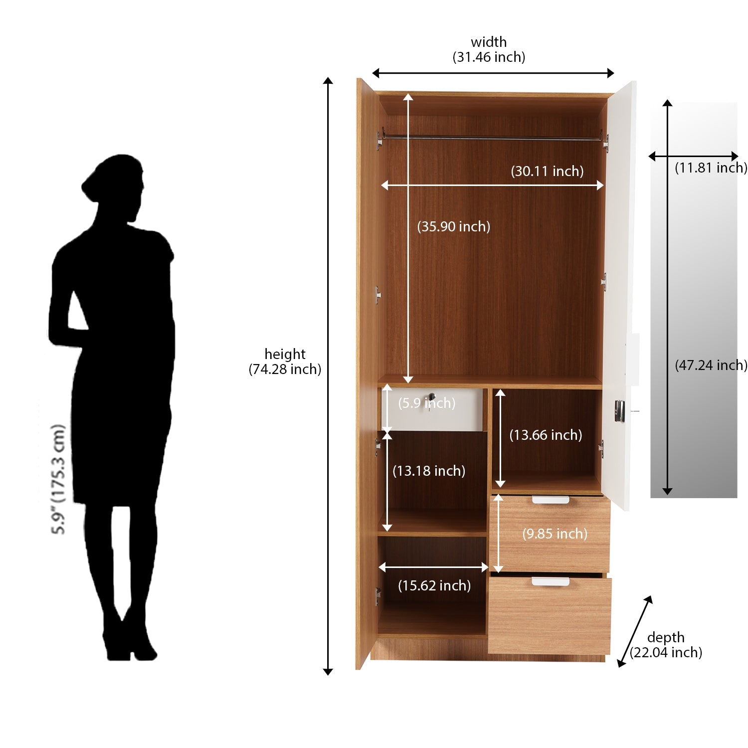 Nilkamal Indio 2 Door Wardrobe With Mirror (Teak & White)