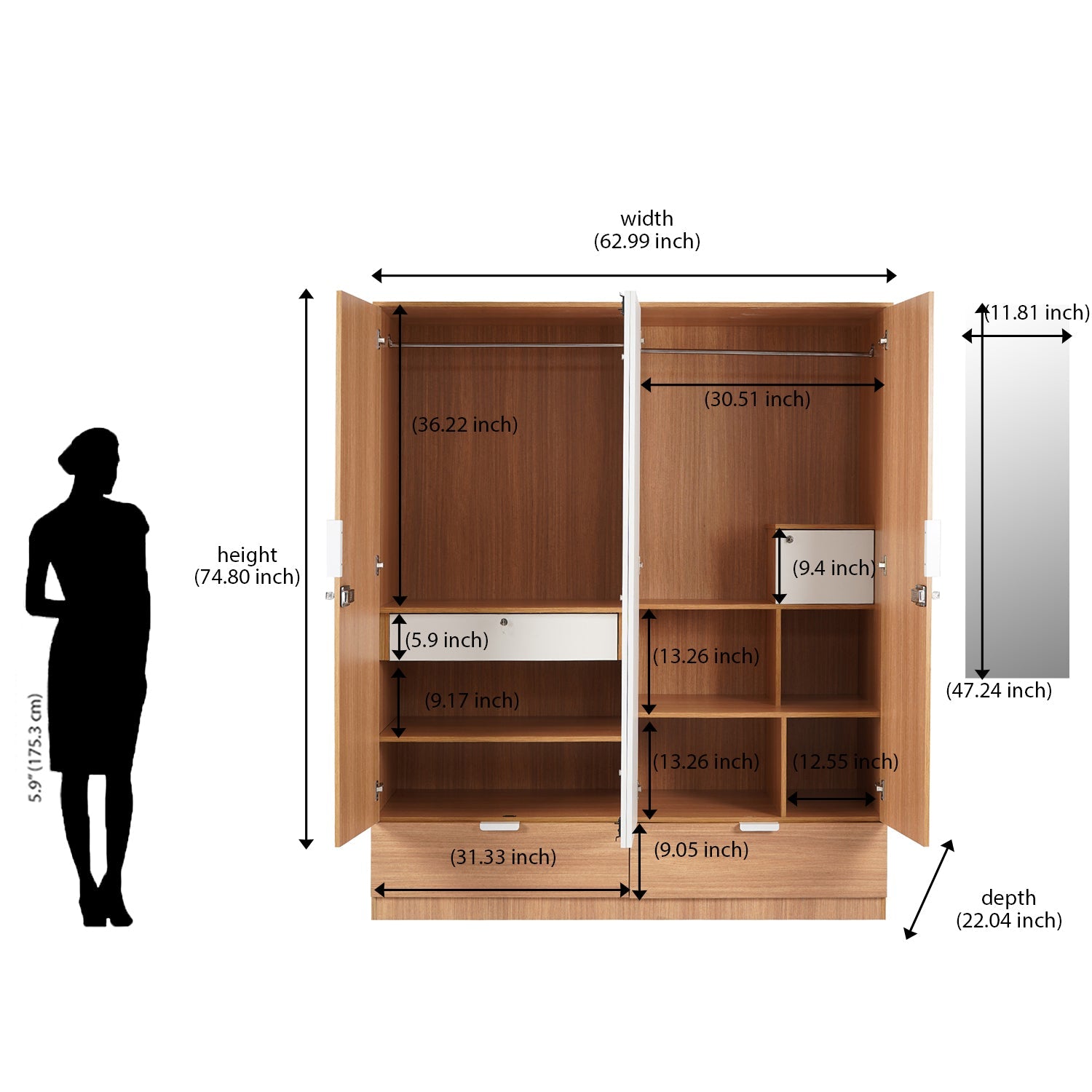 Nilkamal Indio 4 Door Wardrobe With Mirror (Teak & White)