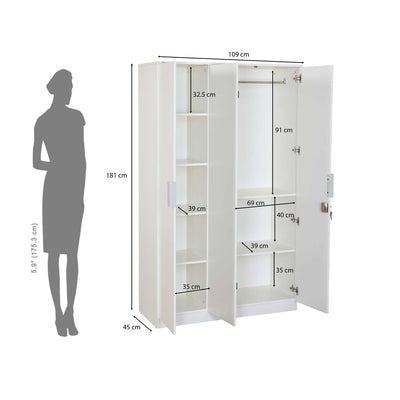 Nilkamal Joyce 3 Door Wardrobe (Frosty White)