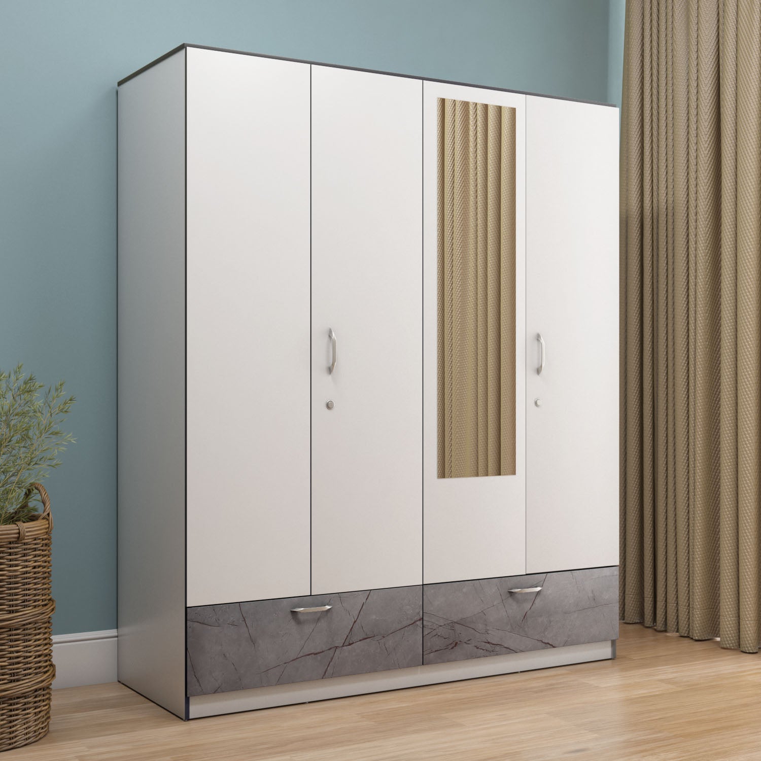 Buy Nilkamal Marbito 4 Door Wardrobe With Mirror (White) Online In