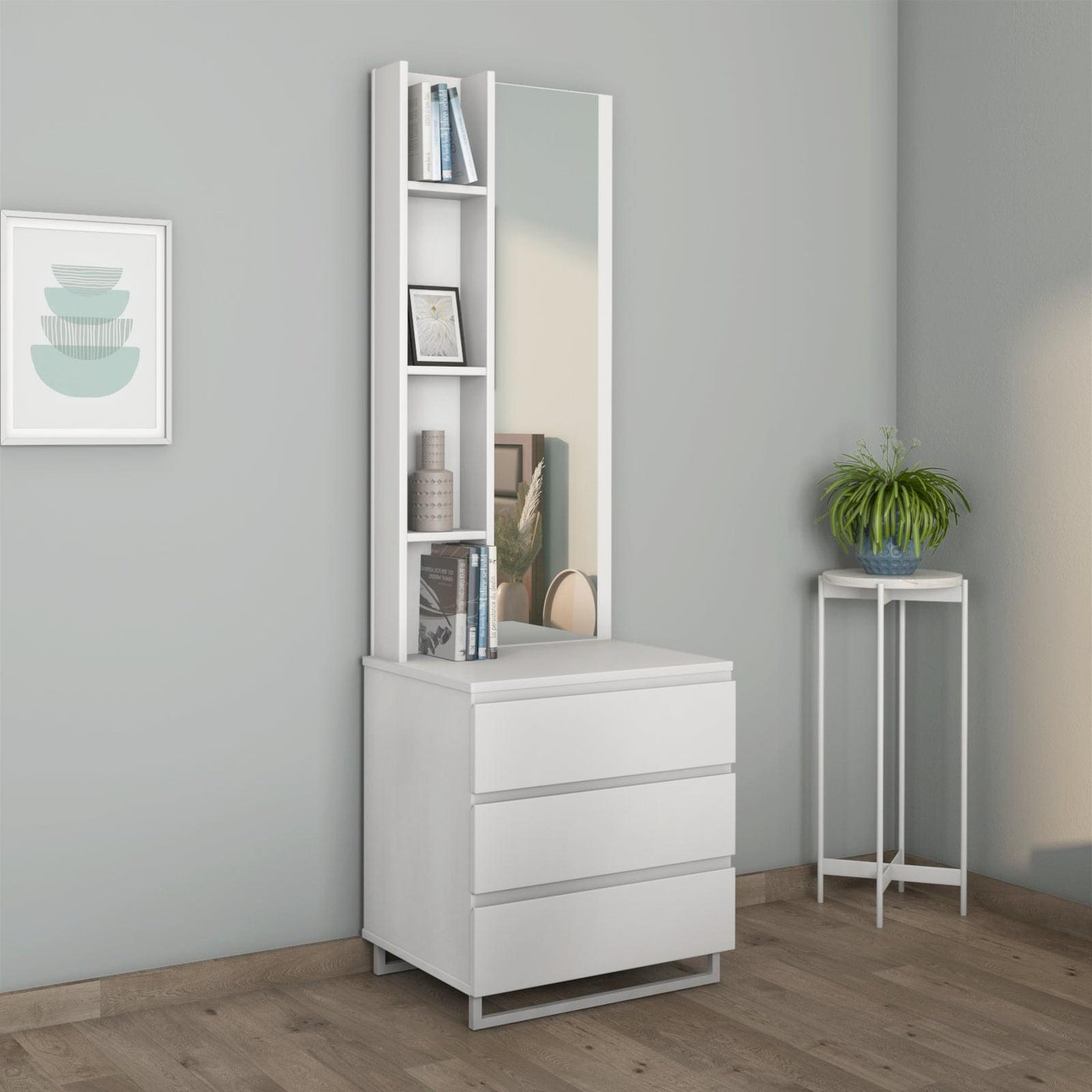 Meta Engineered Wood Dresser With Mirror (Frosty White)