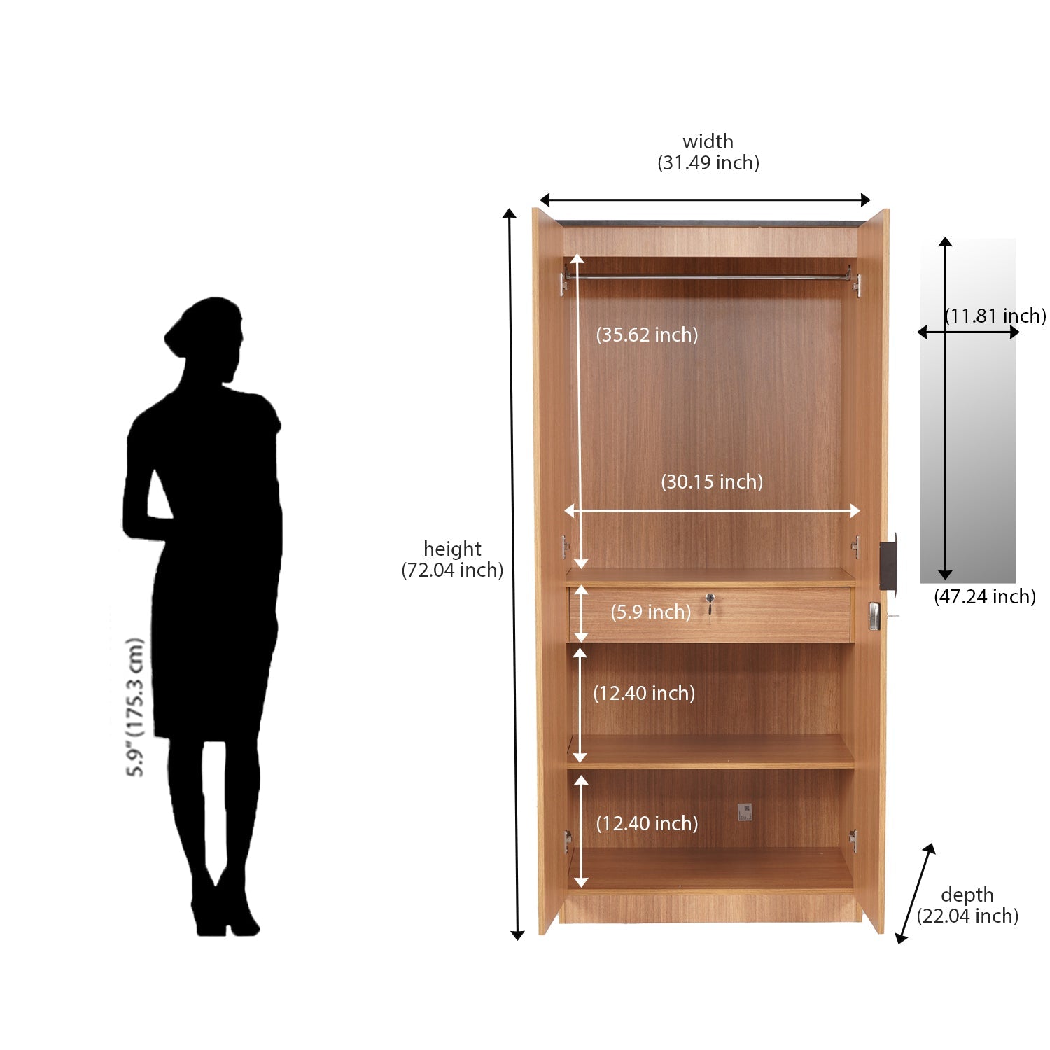 Nilkamal Milford 2 Door Wardrobe With Mirror (Urban Teak)