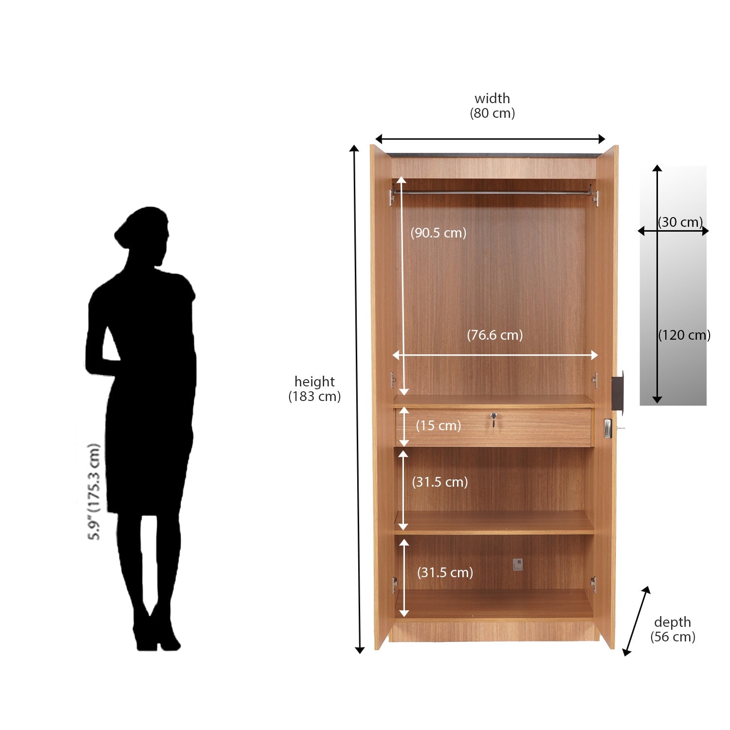 Nilkamal Milford 2 Door Wardrobe With Mirror (Urban Teak)