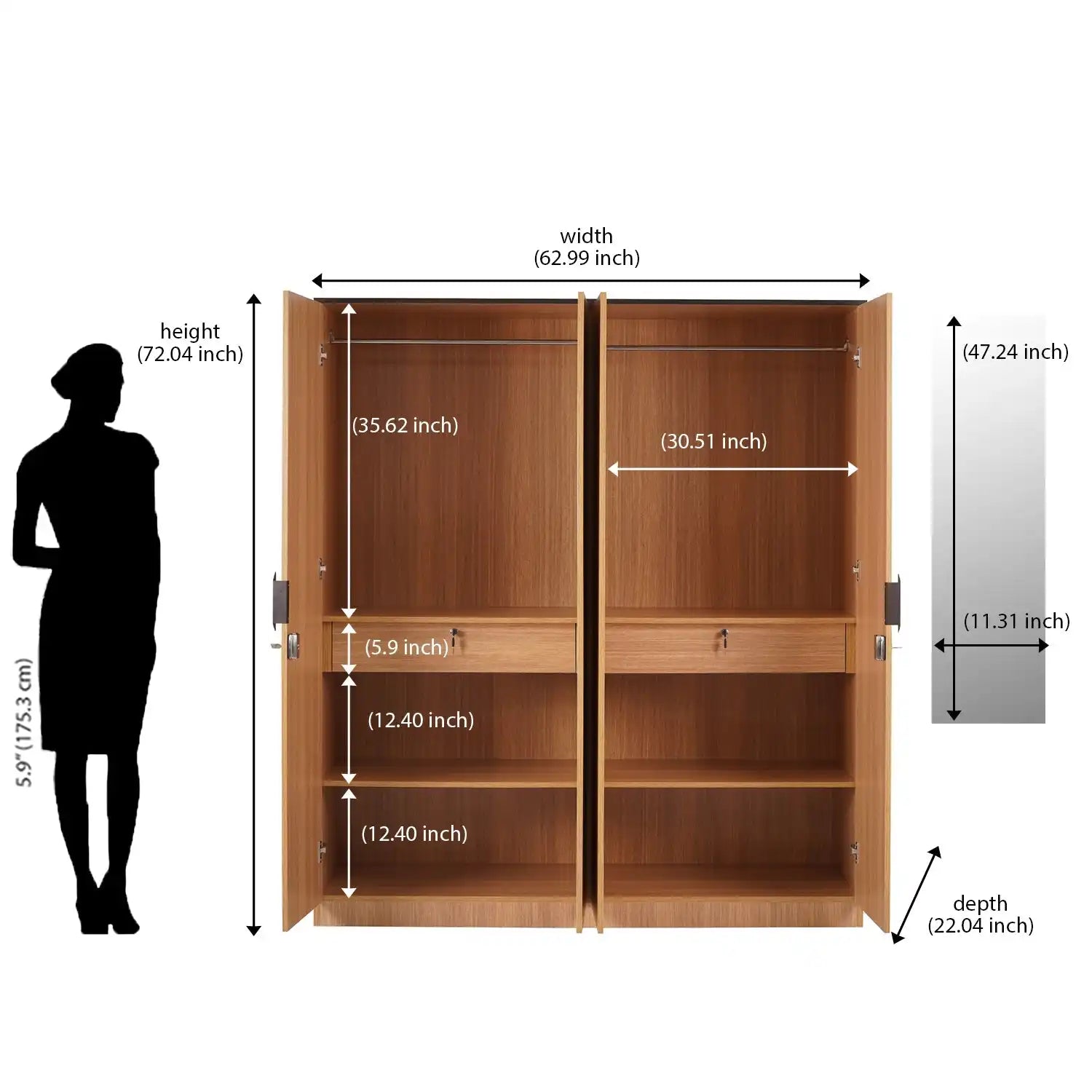 Nilkamal Milford 4 Door Wardrobe With Mirror (Urban Teak)