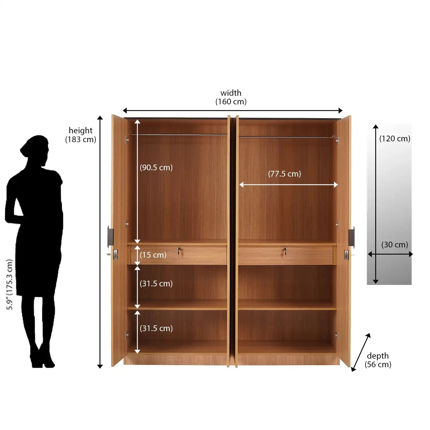 Nilkamal Milford 4 Door Wardrobe With Mirror (Urban Teak)