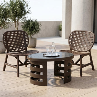 Nilkamal Arena Chairs and Mystique Glass Top Coffee Table Plastic Outdoor Set (Walnut & Season Rust Brown)