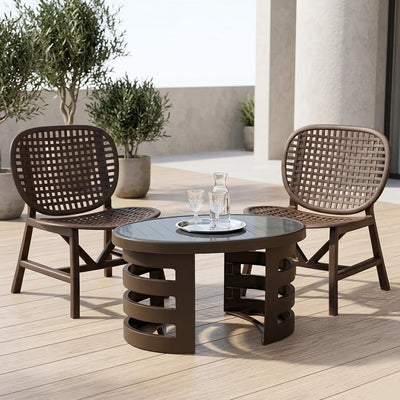 Nilkamal Arena Chairs and Mystique Glass Top Coffee Table Plastic Outdoor Set (Walnut & Season Rust Brown)