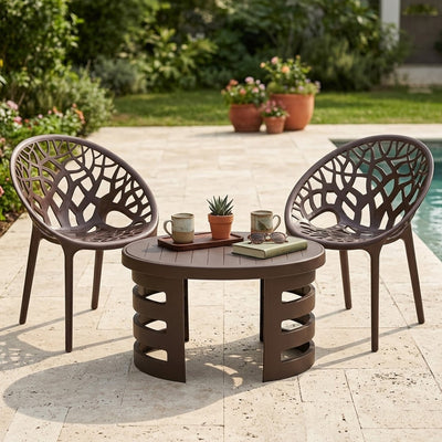Nilkamal Crystal Chairs and Mystique Glass Top Coffee Table Plastic Outdoor Set (Weather Brown & Season Rust Brown)