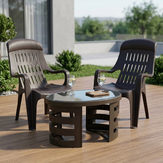 Nilkamal Weekender Chairs and Mystique Glass Top Coffee Table Plastic Outdoor Set (Weather Brown & Season Rust Brown)