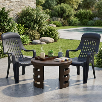 Nilkamal Weekender Chairs and Mystique Glass Top Coffee Table Plastic Outdoor Set (Weather Brown & Season Rust Brown)