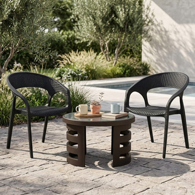 Nilkamal Club Chairs and Mystique Glass Top Coffee Table Plastic Outdoor Set (Charcoal Grey & Season Rust Brown)