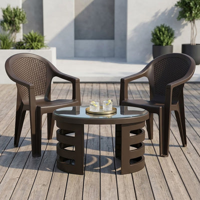 Nilkamal Exotica Chairs and Mystique Glass Top Coffee Table Plastic Outdoor Set (Season Rust Brown)