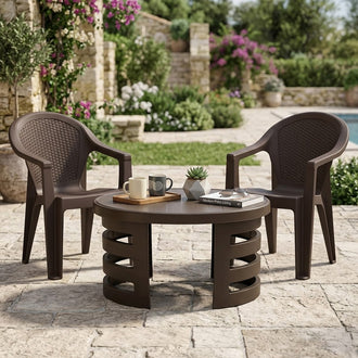 Nilkamal Exotica Chairs and Mystique Glass Top Coffee Table Plastic Outdoor Set (Season Rust Brown)