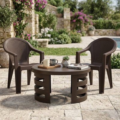 Nilkamal Exotica Chairs and Mystique Glass Top Coffee Table Plastic Outdoor Set (Season Rust Brown)