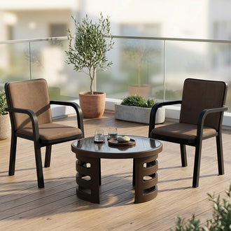 Nilkamal Luxe Chairs and Mystique Glass Top Coffee Table Plastic Outdoor Set (Season Rust Brown)