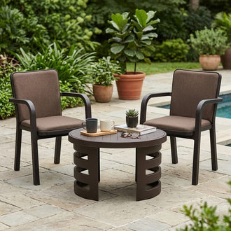 Nilkamal Luxe Chairs and Mystique Glass Top Coffee Table Plastic Outdoor Set (Season Rust Brown)