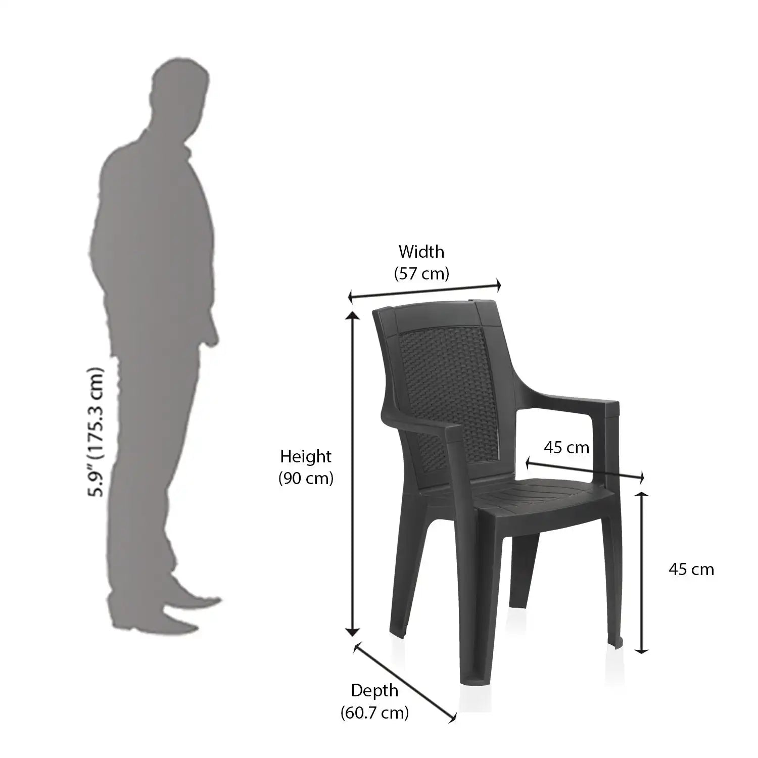 Nilkamal Mystique Plastic Arm Chair (Charcoal Grey) - Size in Centimetre