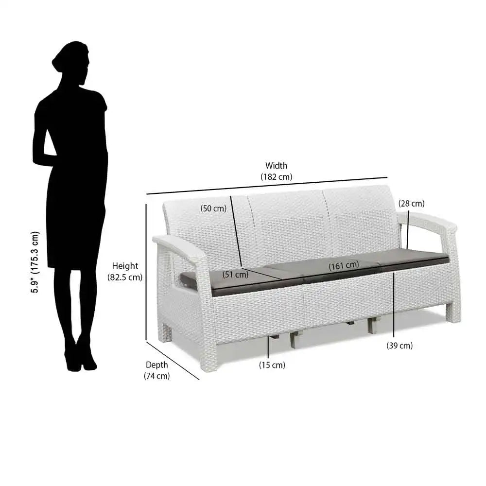Nilkamal Goa Plastic 3 + 1 + 1 Seater Sofa with Cushion (Milky White and Grey) - Sofa Size In Centimeter