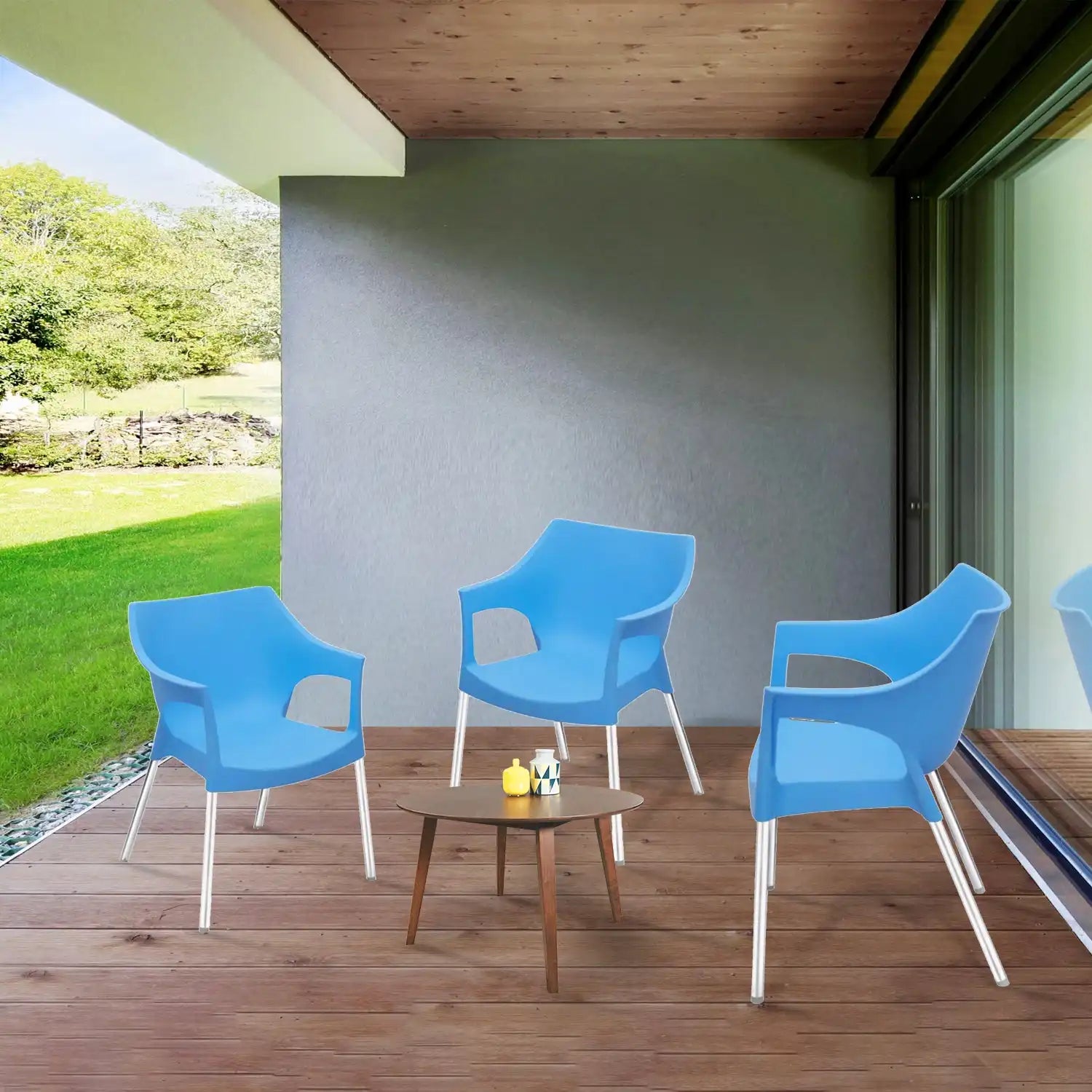 Nilkamal Novella 10 Plastic Arm Chair (Blue) - Outdoor View