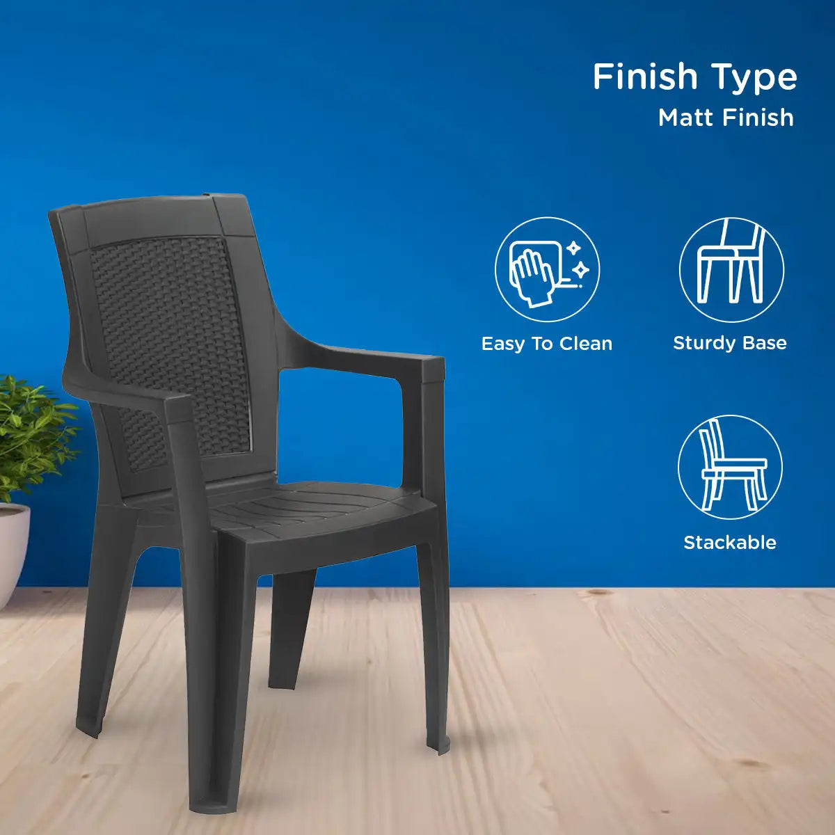 Nilkamal Mystique Plastic Arm Chair (Charcoal Grey) - Finish Type